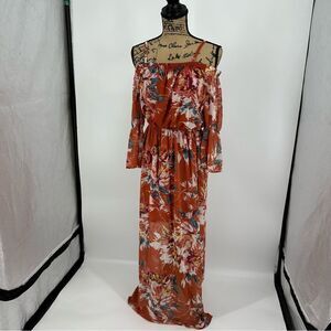 As you wish Dress Off Shoulder Straps Dress Orange Flower Size S